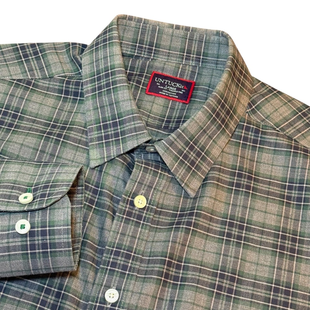 UNTUCKit Devitt Slim Fit Shirt Mens L Grey Green Plaid Wrinkle Free Long Sleeve
